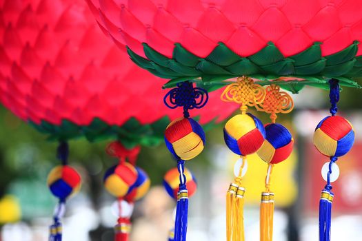 chinese lanterns dot the pagoda at bulguksa temple in south korea marking buddha's birthday.
