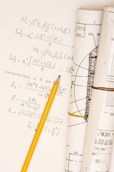 Equation with blueprint - concept for engineering plans.