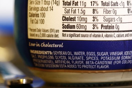 a nutrition label on the back of a mayonaise bottle.
