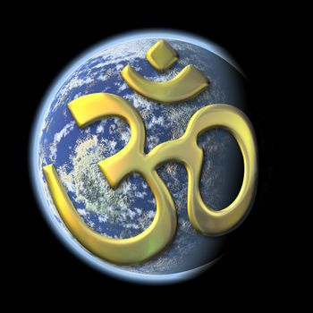 an image of a the earth with the golden sacred syllable Aum