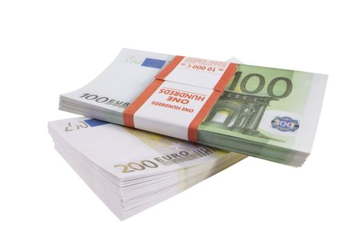 Packs of banknotes of euro isolated on a white background