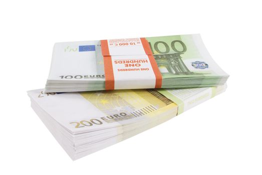 Packs of banknotes of euro on a white background