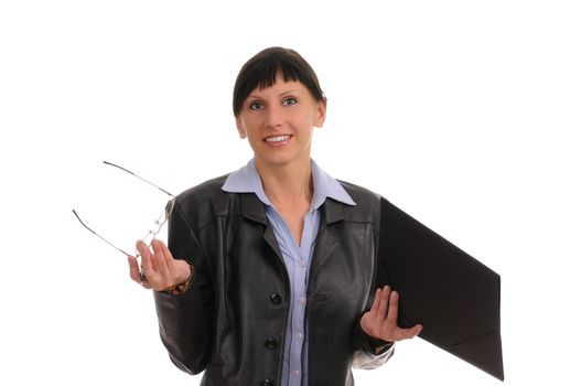 businesswoman with dokuments isolated on white background