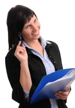 businesswoman with dokuments isolated on white background