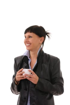 woman with cup isolated on white background