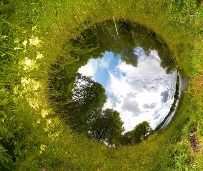 Environment protection concept and life metaphoric image. Sphere view of meadow, river, and forest