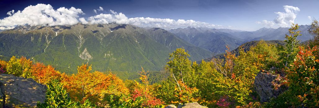 This panoric image of Caucasian Mountains made from 7 pictures