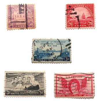 Assorted collection of five old US postal stamps