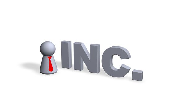 inc. text in 3d and play figure with red tie