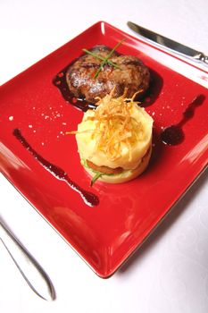 Meat Dish, Chop and Mashed Potatoes on Red Tablet