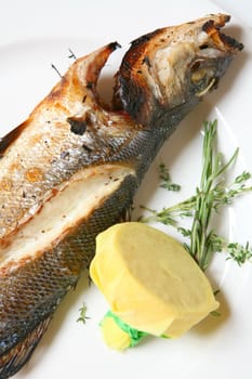 Food, Roasted Fish with Lemon in Napkin