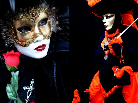 Two masked women, one with a rose in hand, on a black background, Piazza San Marco in Venice Carnival