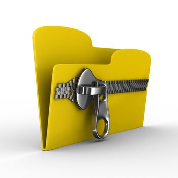 Yellow computer folder with zipper. Isolated 3d image