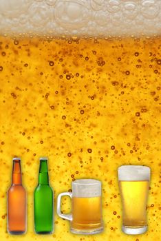 Pints and bottles of beer on beer close-up background