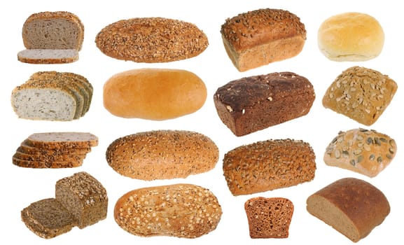 Assembling of loaves and slices of delicious fresh bread isolated on white background