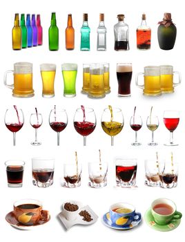 Assortment of different drinks isolated on white background