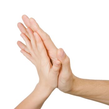 children's and men's hand touching on a white background
