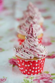 Delicious cupcake with a frosting of mascarpone and raspberries