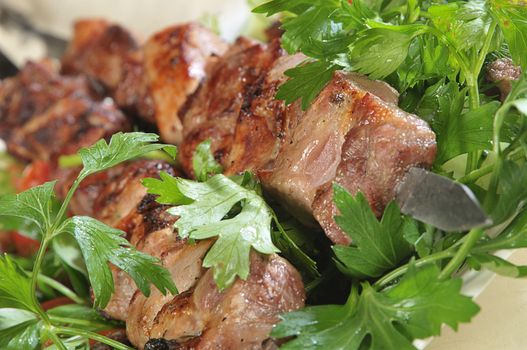 Hot dish of pieces of lamb on skewers in a dish served with vegetables.