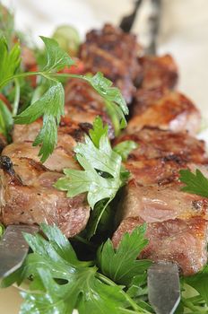 Hot dish of pieces of lamb on skewers in a dish served with vegetables.