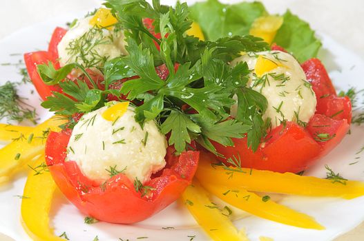 cold appetizer from red tomatoes with cheese marbles on a dish with cutting from yellow paprika and parsley