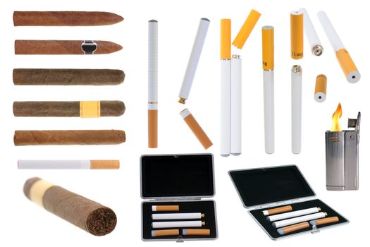 Assortment of tobacco products electronic cigarette and lighter isolated on white background