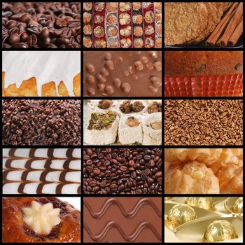 Assembling of delicious coffee chocolate and sweets textures