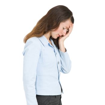 woman with a headache on an isolated white background
