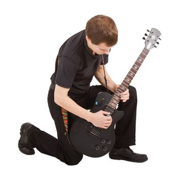 rock singer with electric guitar on white background

