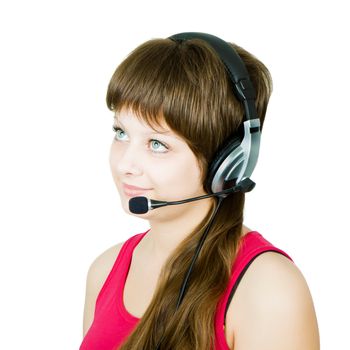 employee hotline. The girl in headphones with a microphone on an isolated white background
