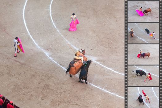 Bullfight - the one of the most controversial events in the world. Some factual images of a bullfight in Madrid, Spain on OCTOBER 1, 2010. 
