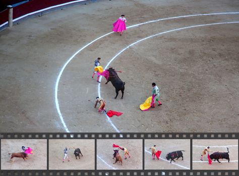 a bullfighter has most got hurt in a bullfight. Some factual images of a bullfight in Madrid, Spain on OCTOBER 1, 2010.
