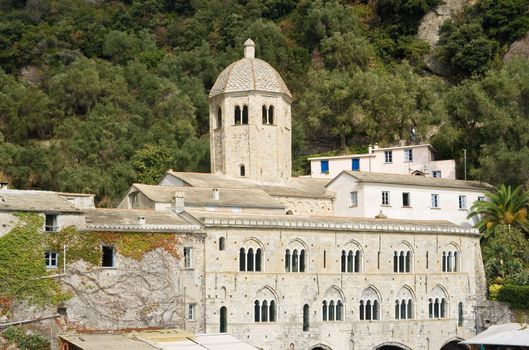 detail of San Fruttuoso abbey in Camogli, Liguria, Italy