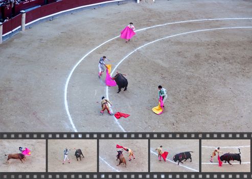 a bullfighter has most got hurt in a bullfight. Some factual images of a bullfight in Madrid, Spain on OCTOBER 1, 2010.
