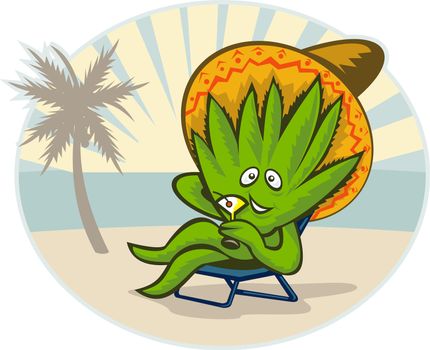 illustration of an Agave plant cartoon character wearing a sombrero hat drinking martini on the beach.
