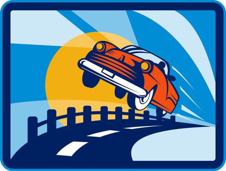 illustration of a vintage convertible car flying off the road