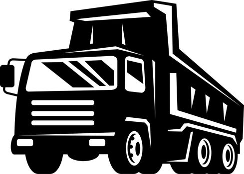 illustration of a dumper dump truck or lorry viewed from front at low angle black and white