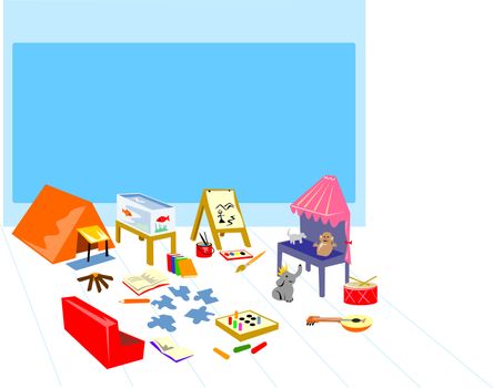 illustration of a play area showing camping ,painting and theater