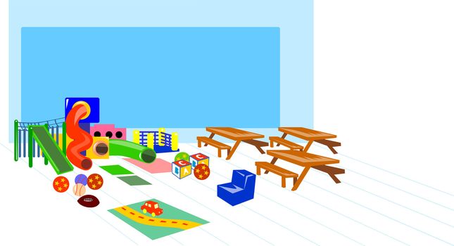 illustration of a play ground with slides and benches