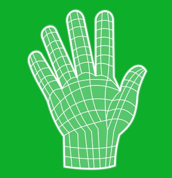 illustration of a five fingers palm of open hand done in line drawing grid white on green background
