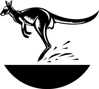 illustration of a kangaroo jumping side view done in retro woodcut style black and white