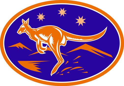 illustration of a kangaroo jumping side view  done in retro woodcut style with stars and mountains in backgroun sset inside oval