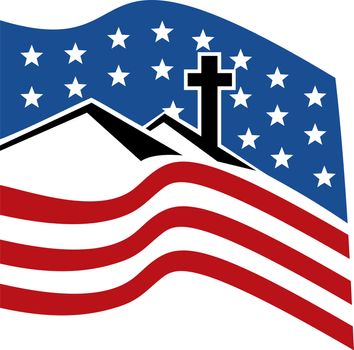 illustration of a cross on hill with stars in background and stripes in foreground.