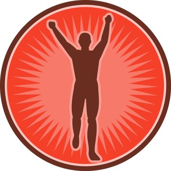 illustration of a silhouette of a marathon runner ahtlete running facing front and raising arms set inside circle with sunburst