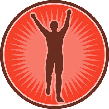 illustration of a silhouette of a marathon runner ahtlete running facing front and raising arms set inside circle with sunburst