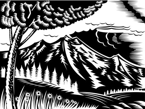 illustration of a mountain scene with tree and clouds done in retro woodcut style.