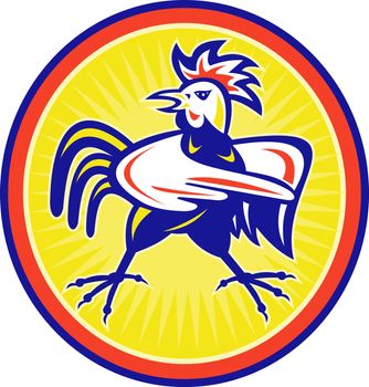 illustration of an angry cockerel rooster cock or chicken mascot standing with wings pointing to side or forward