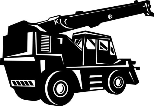 illustrartion of a rough terrain crane viewed from the side done in black and white