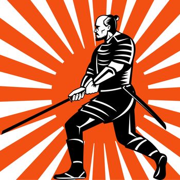 illustration of samurai warrior with sword in fighting stance facing side with sunburst in background