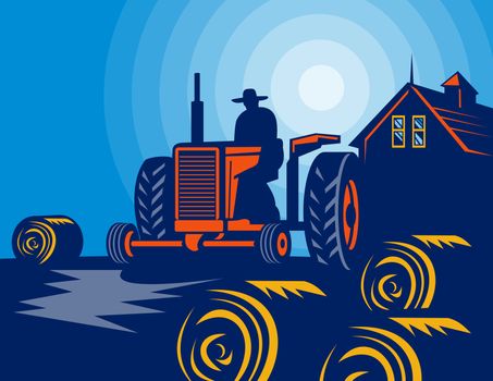 illustration of a Farmer driving vintage tractor with hay bales and farmhouse barn in the background.